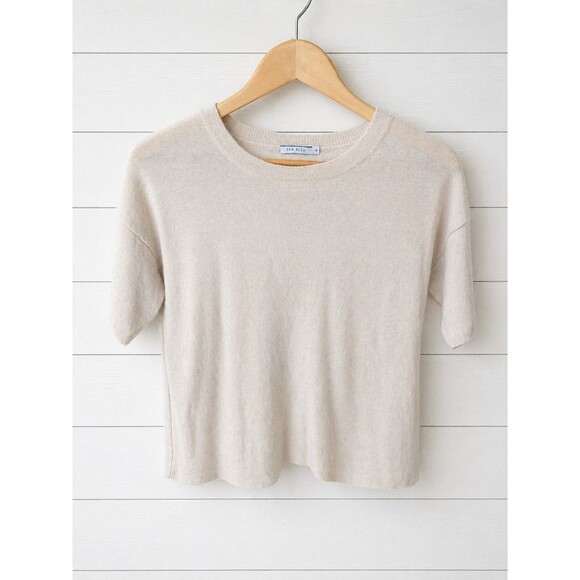 Sea Bleu Sweaters - Sea Bleu Womens Medium Crew Neck Boxy 100% Cashmere Short Sleeve Beige Sweater